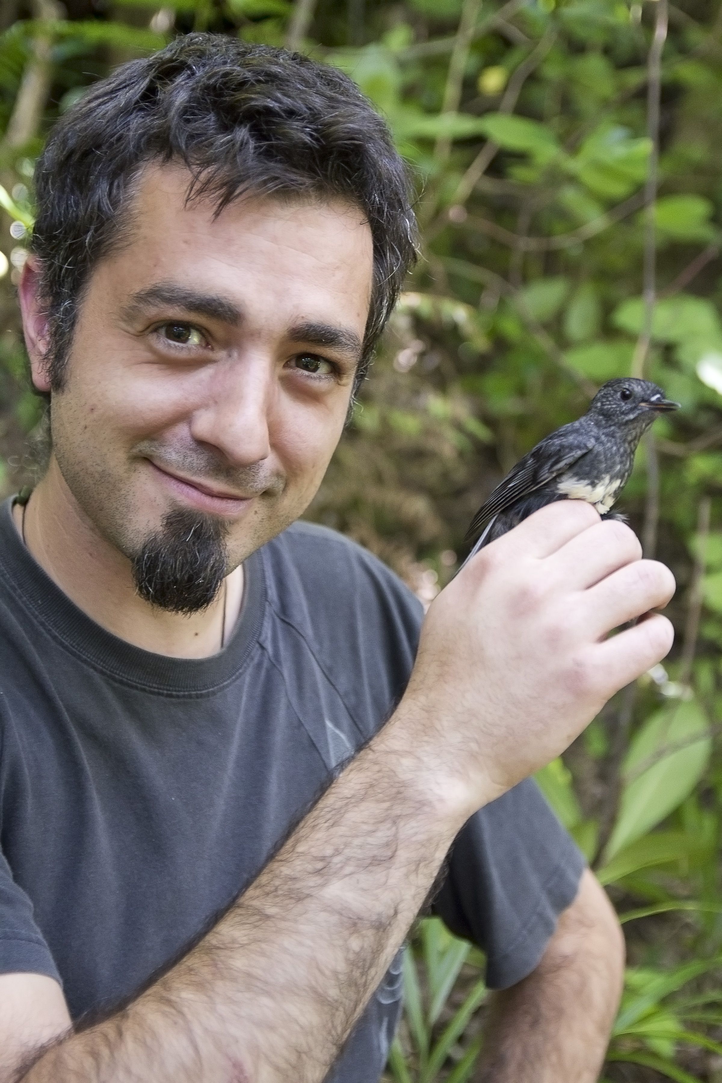 Yvan Richard with a robin just after catching it